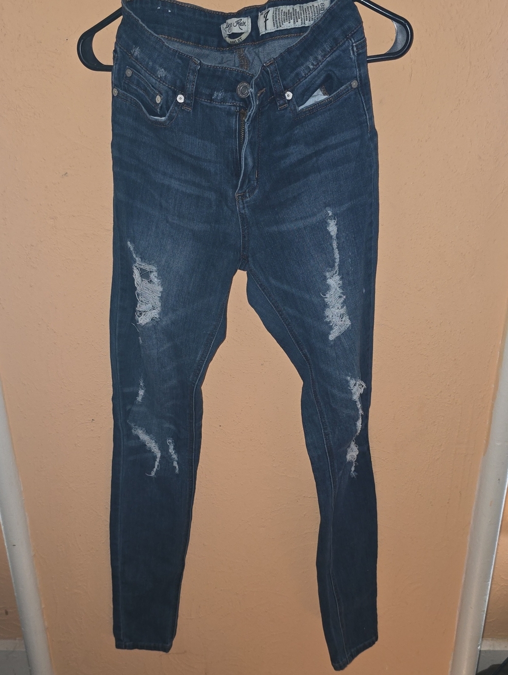 Indigo Rein Women's Skinny Jeans in Dark Blue with Distressed Details